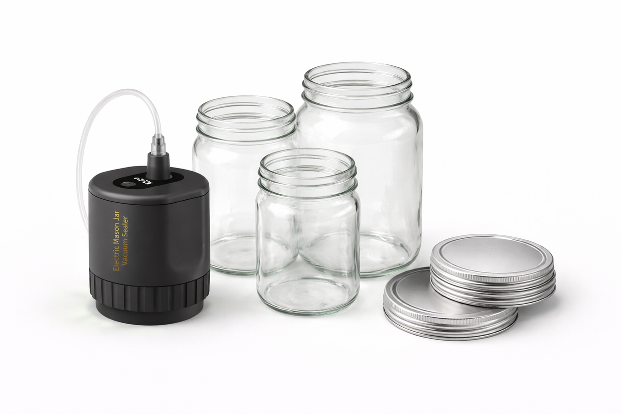 SafeBite Starter-Set – Elektrischer Vakuumierer + Gläser + Deckel