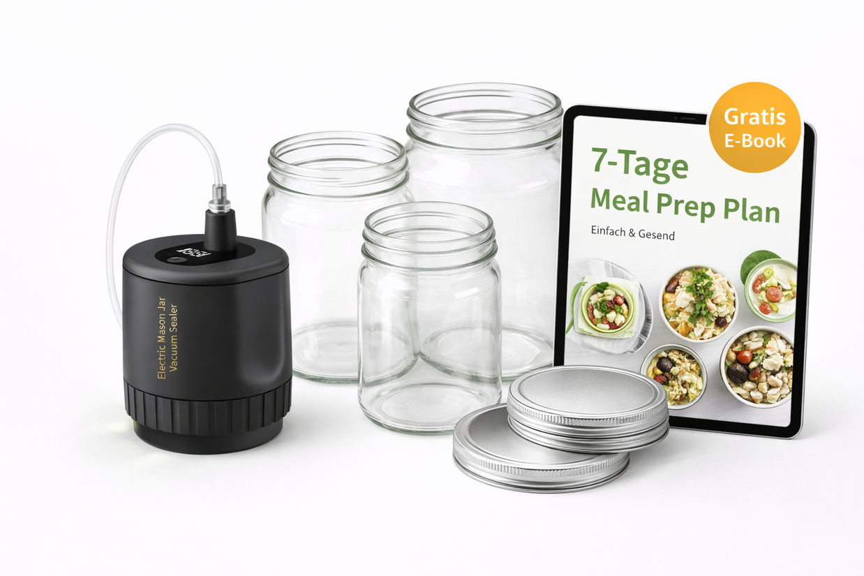 SafeBite Starter-Set – Elektrischer Vakuumierer + Gläser + Deckel